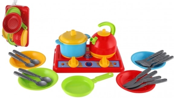 Plastic servies set met kookplaat en accessoires voor kinderen