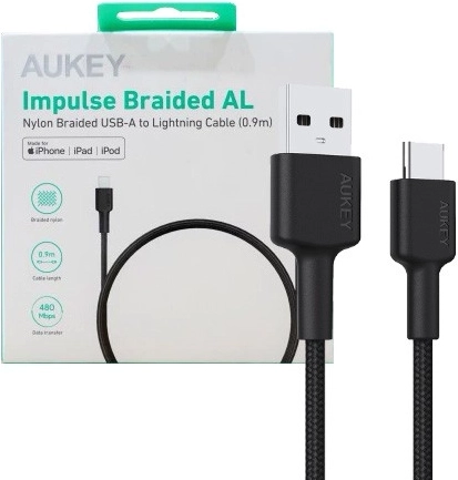 AUKEY USB-C naar USB-A kabel 0,9 m, 60 W PD, nylon gevlochten, zwart