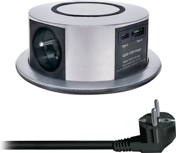 Solight uitschuifbaar stopcontactblok voor in het blad 3× 230 V + USB-A/USB-C PD 20 W met draadloos Qi-laden 10 W, 2 m, zilverkleurig