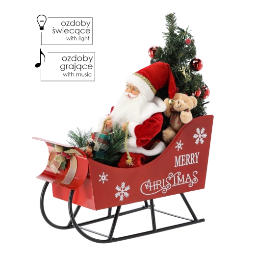 Mikulaš in een slee met kerstboom met LED en melodieën 60 cm