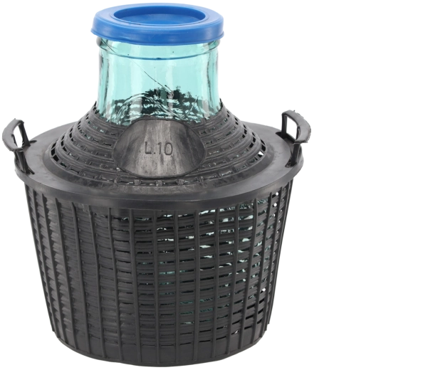 Glazen damejeanne in mand 10 l met brede hals