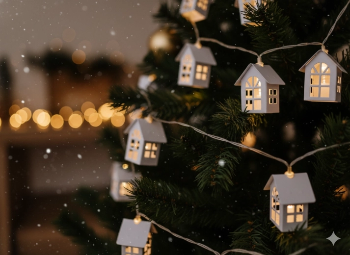 Lichtslinger met LED en metalen huisjes, 10 lampjes op batterijen