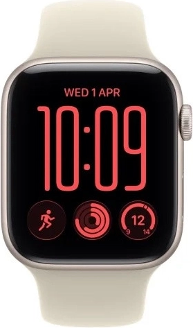 Apple Watch SE 3 GPS + Cellular 44 mm aluminium kast in de kleur maanlicht met zandkleurig sportbandje S/M