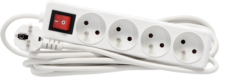 Overspanningsbeschermde stekkerdoos met schakelaar, 4 stopcontacten, 5 m kabel, wit
