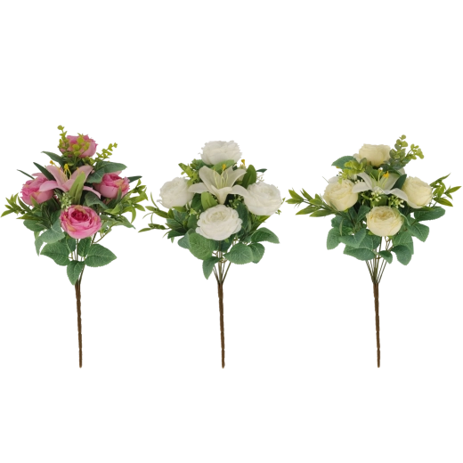 Kunstboeket met rozen en lelies 43 cm, mix van kleuren