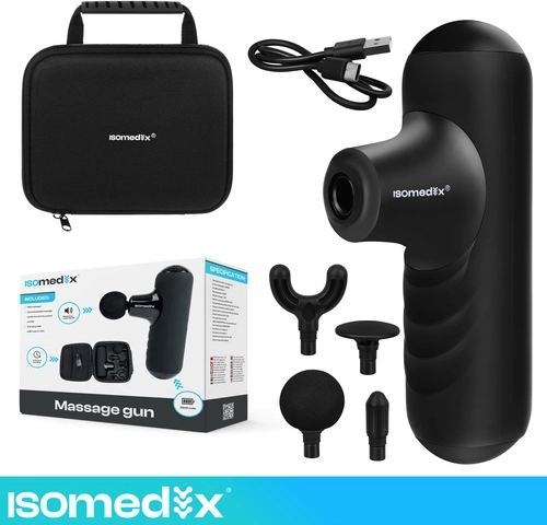 Mini massagepistool Isomedix met 5 standen, 4 opzetstukken en etui