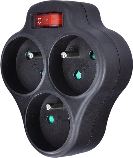 Solight stekkerdoosadapter met schakelaar, 3 stopcontacten, zwart