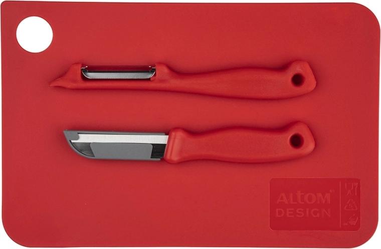 Rood snijplankje 24 × 16 cm met schraper en groentemesje 6 cm