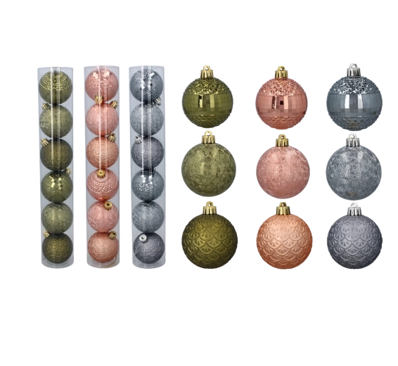 Set van 6 kerstballen 6 cm – olijfgroen, koper en grafiet