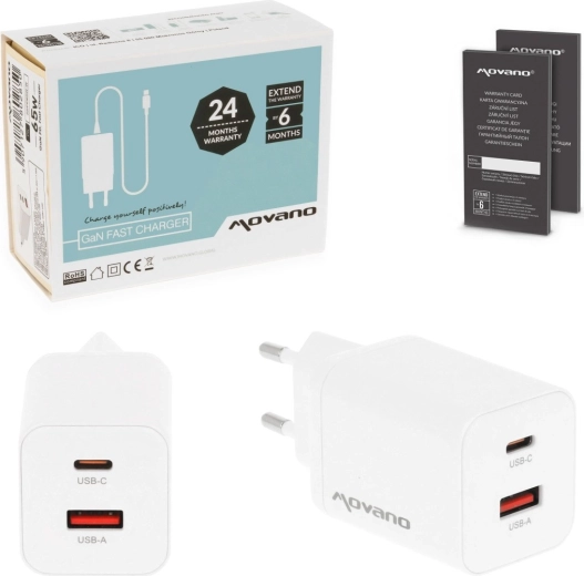Movano GaN 45 W USB‑C PD + USB‑A oplader wit