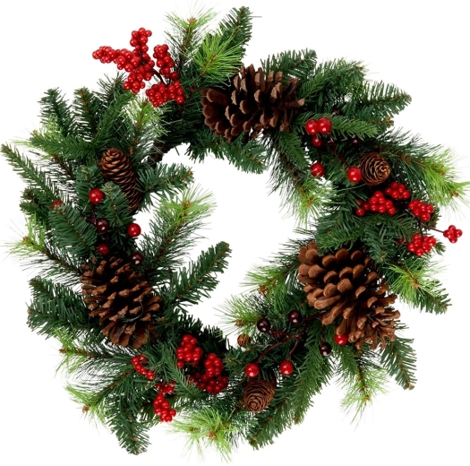 Kerstkrans 45 cm met dennenappels en rode bessen