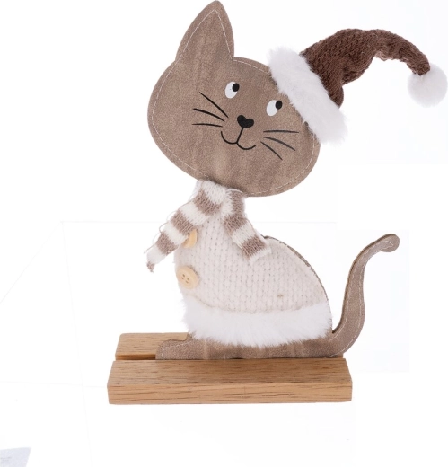 Kerstdecoratie kat van hout en imitatiebont