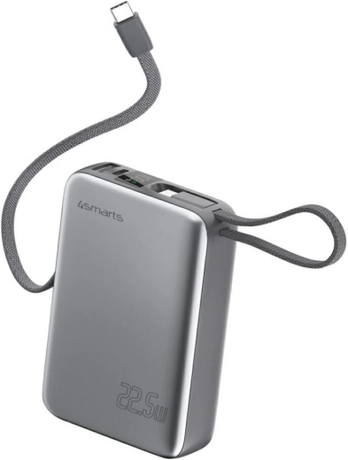 Powerbank 4smarts Pocket Dual Cord 20000 mAh, 22,5 W, met ingebouwde USB‑C kabel 15 cm, grijs