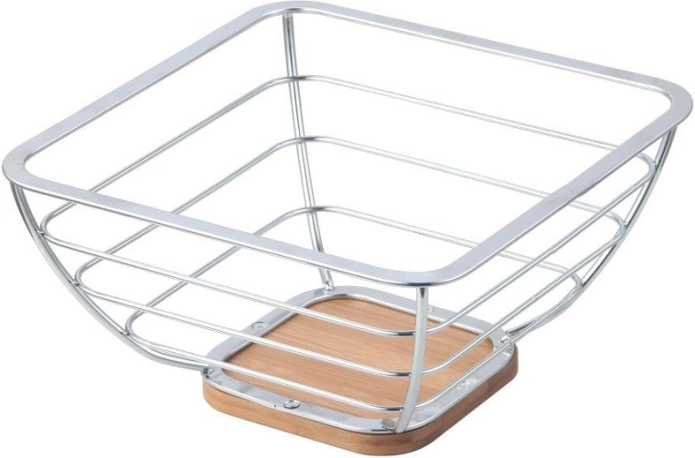 Fruitschaal van chroom en bamboe 24 × 24 × 12 cm