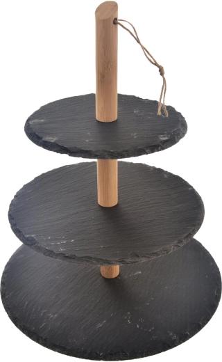 Drielaagse serveerstandaard leisteen en hout 30 × 36 cm