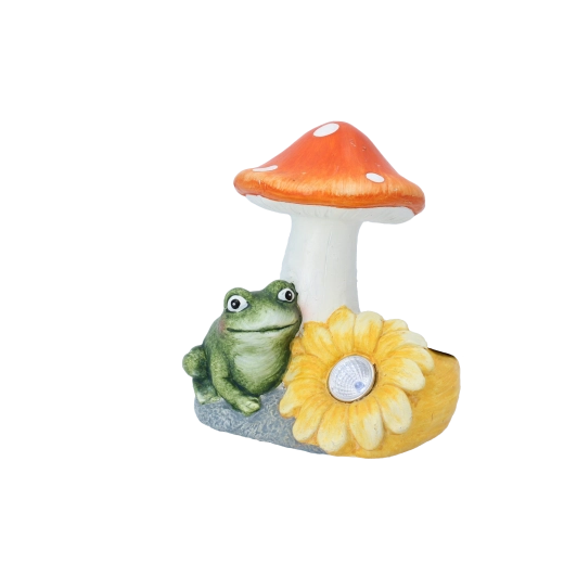 Tuinbeeld vliegenzwam met bloem en LED-licht