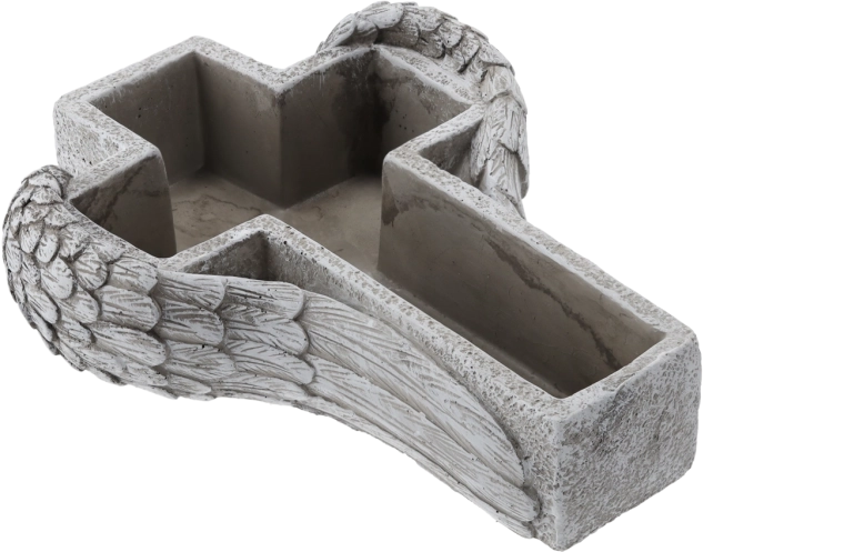 Cementen grafvaas met reliëf van een kruis met vleugels, grijs, 27,5 cm