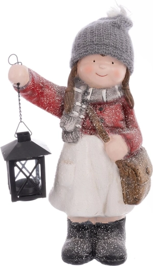 Kerstdecoratie meisje met lantaarn van polyresin 39 cm