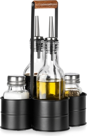 Olie- en azijnset met zout- en peperstrooier in houder, 5-delig