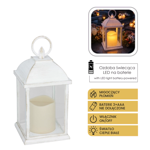 Witte LED-lampion met knipperende kaars 10,5 × 10,5 × 20,5 cm - 1 stuk