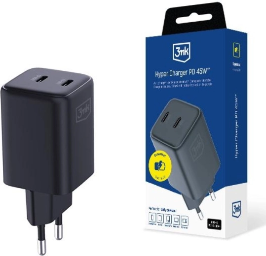 3mk Hyper Charger GaN netlader 45 W met 2 USB-C-poorten zwart
