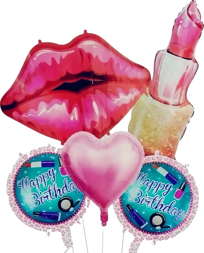 Set verjaardagsballonnen voor meisjes – lippenstift, lippen en Happy Birthday, 5 stuks
