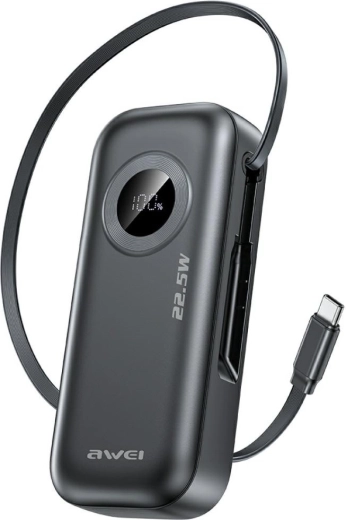 Awei powerbank PA-9 10.000 mAh 22,5 W met ingebouwde USB-C-kabel zwart