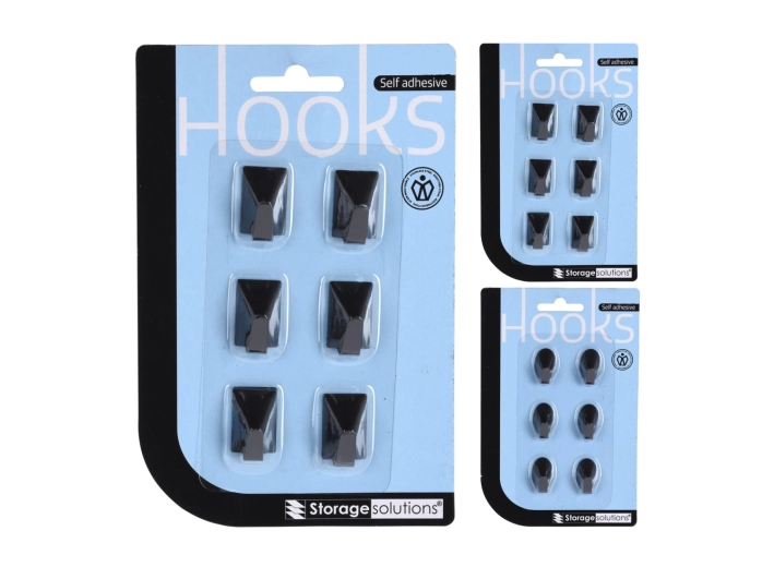 Zelfklevende roestvrijstalen haakjes – set van 6 stuks, zwart