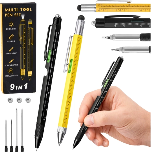 Set van metalen multifunctionele pennen 9-in-1 met LED-zaklamp, waterpas en schroevendraaier – geel en zwart, 2 stuks