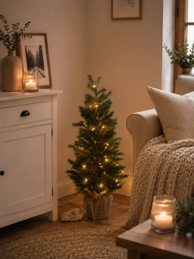 Kunstkerstboompje 70 cm in bloempot met LED-verlichting