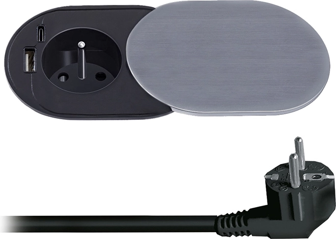 Solight inbouwstopcontact 230 V met USB-A en USB-C PD 20 W met schuifdeksel, 2 m, zilverkleurig