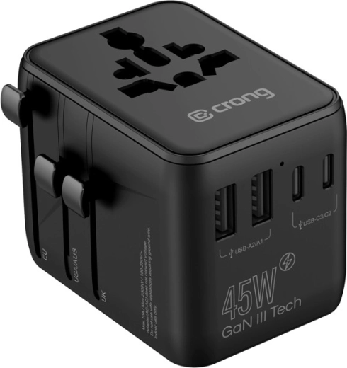 Universele reisadapter met GaN III 45 W (UK/EU/US/AU), zwart - 1 stuk