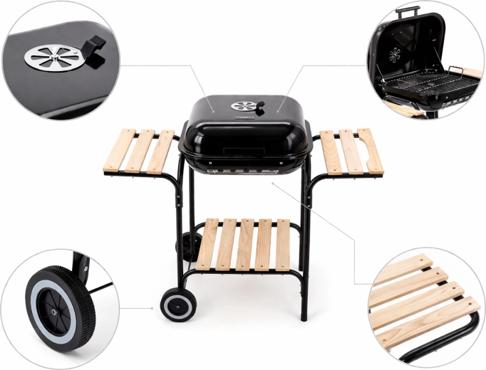Amerikaanse houtskoolbarbecue met zijplanken en wielen