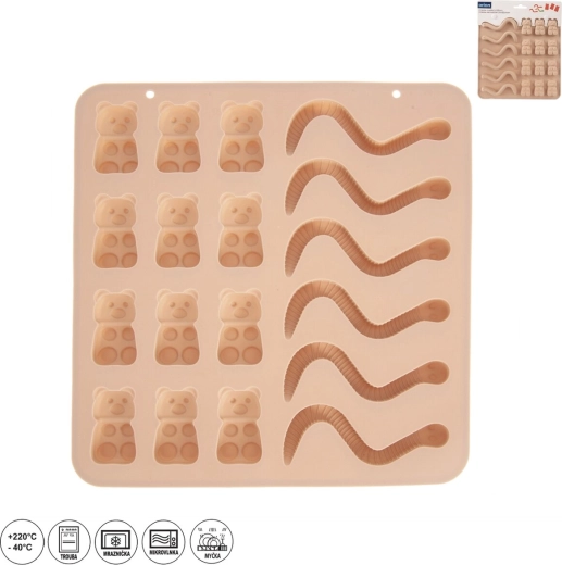 Siliconen vorm voor gummibeertjes en wormpjes, 18 vormen, beige