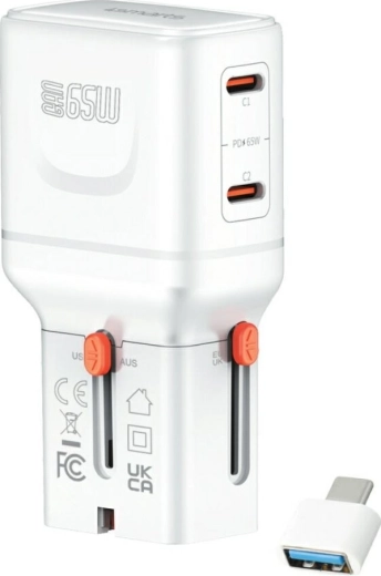 Reisoplader 4smarts World Travel Adapter Nomad Pocket GaN 65 W, USB‑C + USB‑A, wit