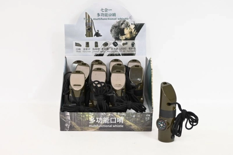 Multifunctionele outdoorfluit met zaklamp, kompas en thermometer