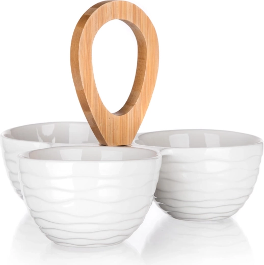 Serveerset met drie porseleinen schaaltjes met bamboehandgreep BRILLANTE