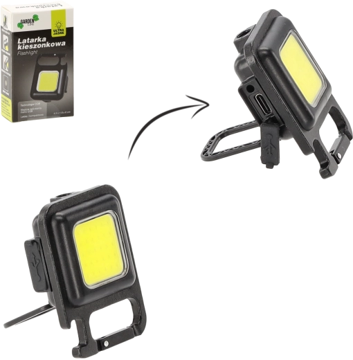 Mini zaklamp met magnetische achterkant en uitklapbare standaard, opladen via micro‑USB