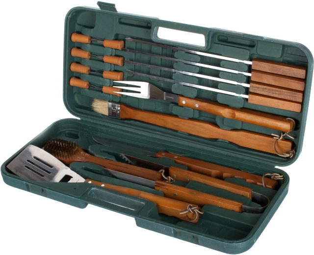 RVS barbecueset met houten handgrepen, 18-delig in koffer