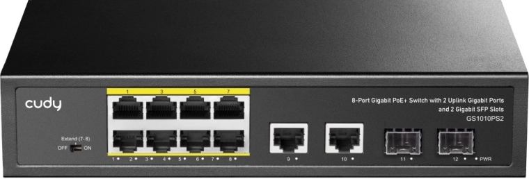 8-poorts gigabit PoE+ switch met 2 uplinkpoorten en 2 SFP-slots, 120 W