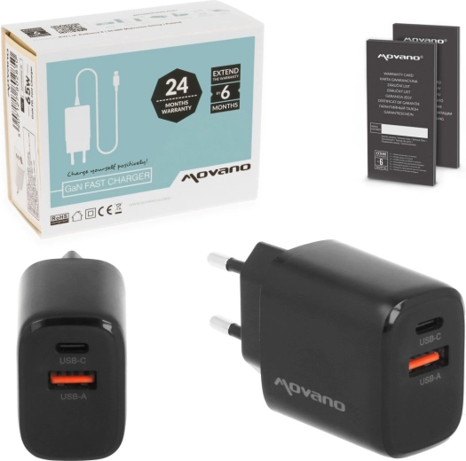 Movano GaN netlader 20 W USB-C PD + USB-A zwart