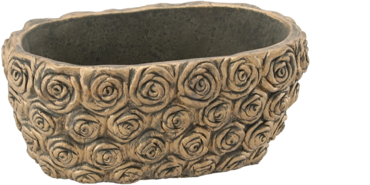 Cementen bloempot met rozenreliëf in goudkleur