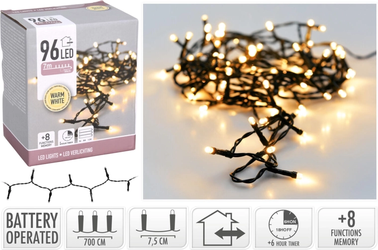 Kerst LED-verlichting 7 m, 96 LED, warmwit, 8 functies, IP44
