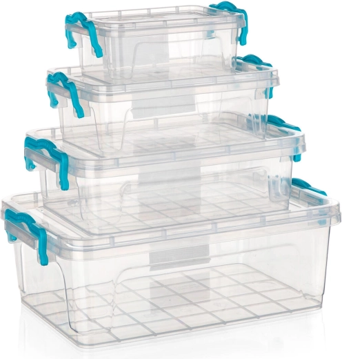 Set opbergboxen GEMA 4 stuks met turquoise clips, transparant