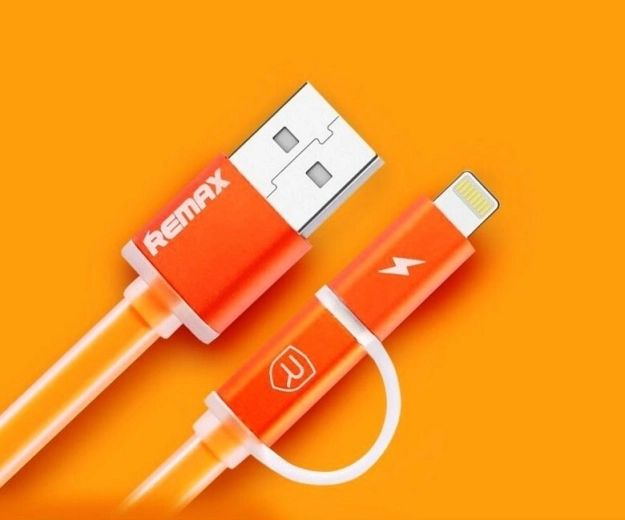 Remax Aurora 2-in-1 laad- en datakabel USB–Lightning/micro‑USB, oranje
