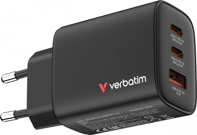 Verbatim Essentials GaN-netlader 65 W (2× USB-C, 1× USB-A, PD 3.0/QC 3.0) – EU