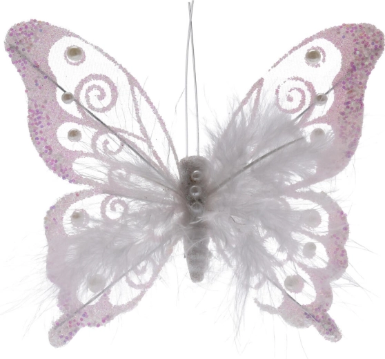 Decoratieve vlinder van veertjes met clip, wit, 15,5 cm (2 stuks)