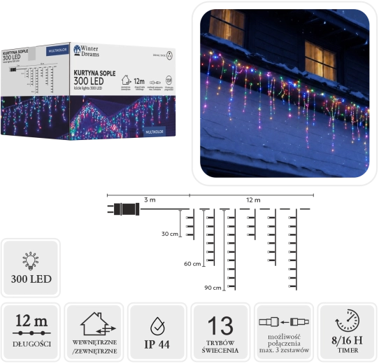 Lichtgordijn ijspegels (stalactieten) 300 LED multicolor 3 × 12 m - 1 stuk