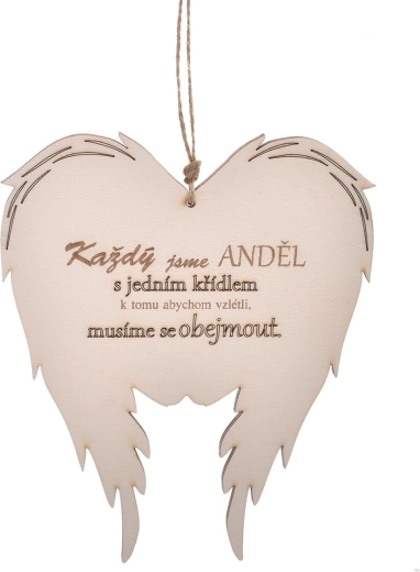 Houten engelenvleugels met opschrift „iedereen is“ 18 × 21 cm