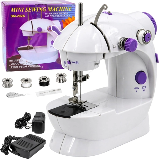 Draagbare mini-naaimachine met LED-verlichting, 2 snelheden en voetpedaal